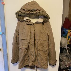 THREAD & SUPPLY Women L Utility Jacket Barn Chore Coat Khaki Fleece Lining Zip